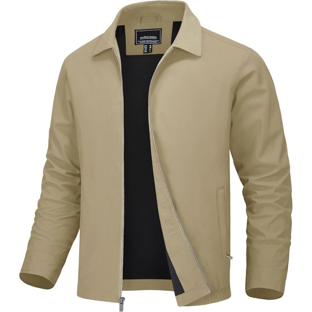 Men's Khaki Stylish Jackets Coat Lightweight Casual Full Zip Up Pockets Golf